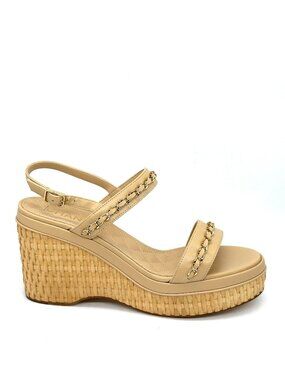 CHANEL 20C Leather Chain CC Raffia Platform Wedge Heel Sandals Shoes